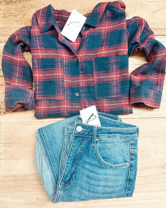 Plaid Button Down - Burgundy/Blue