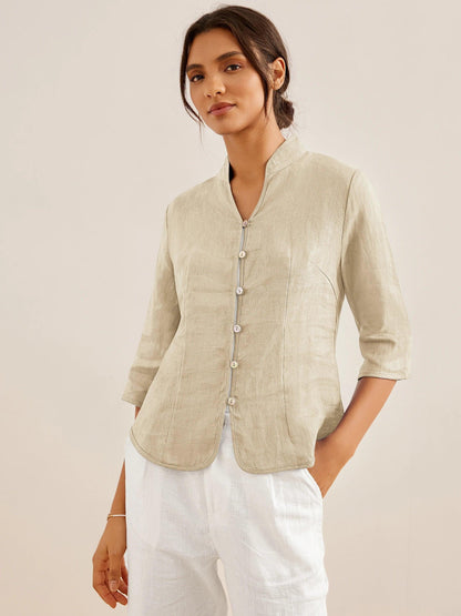 100% Linen Mandarin Collar Button Jacket – Amelia