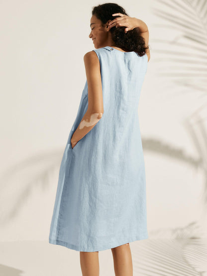 100% Linen Sleeveless Asymmetrical Hem Midi Dress – Sienna