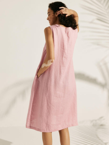 100% Linen Sleeveless Asymmetrical Hem Midi Dress – Sienna