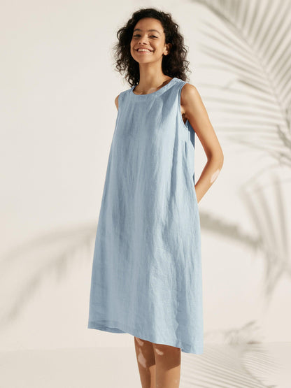 100% Linen Sleeveless Asymmetrical Hem Midi Dress – Sienna