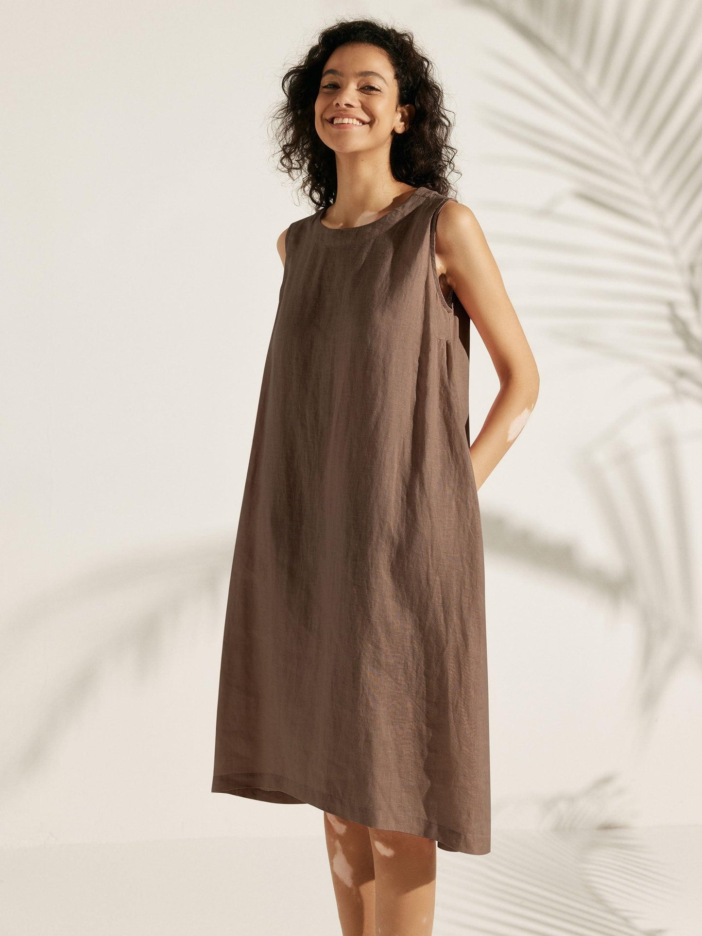 100% Linen Sleeveless Asymmetrical Hem Midi Dress – Sienna