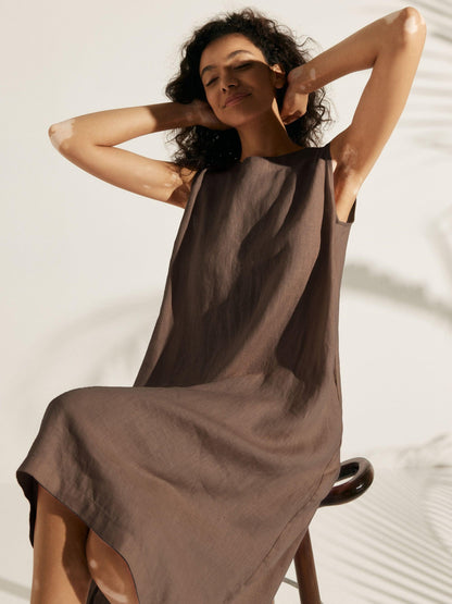 100% Linen Sleeveless Asymmetrical Hem Midi Dress – Sienna