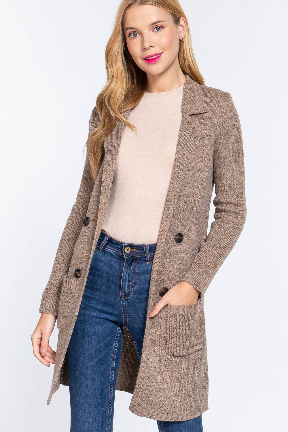 Long Sleeve Notched Collar Sweater Jacket