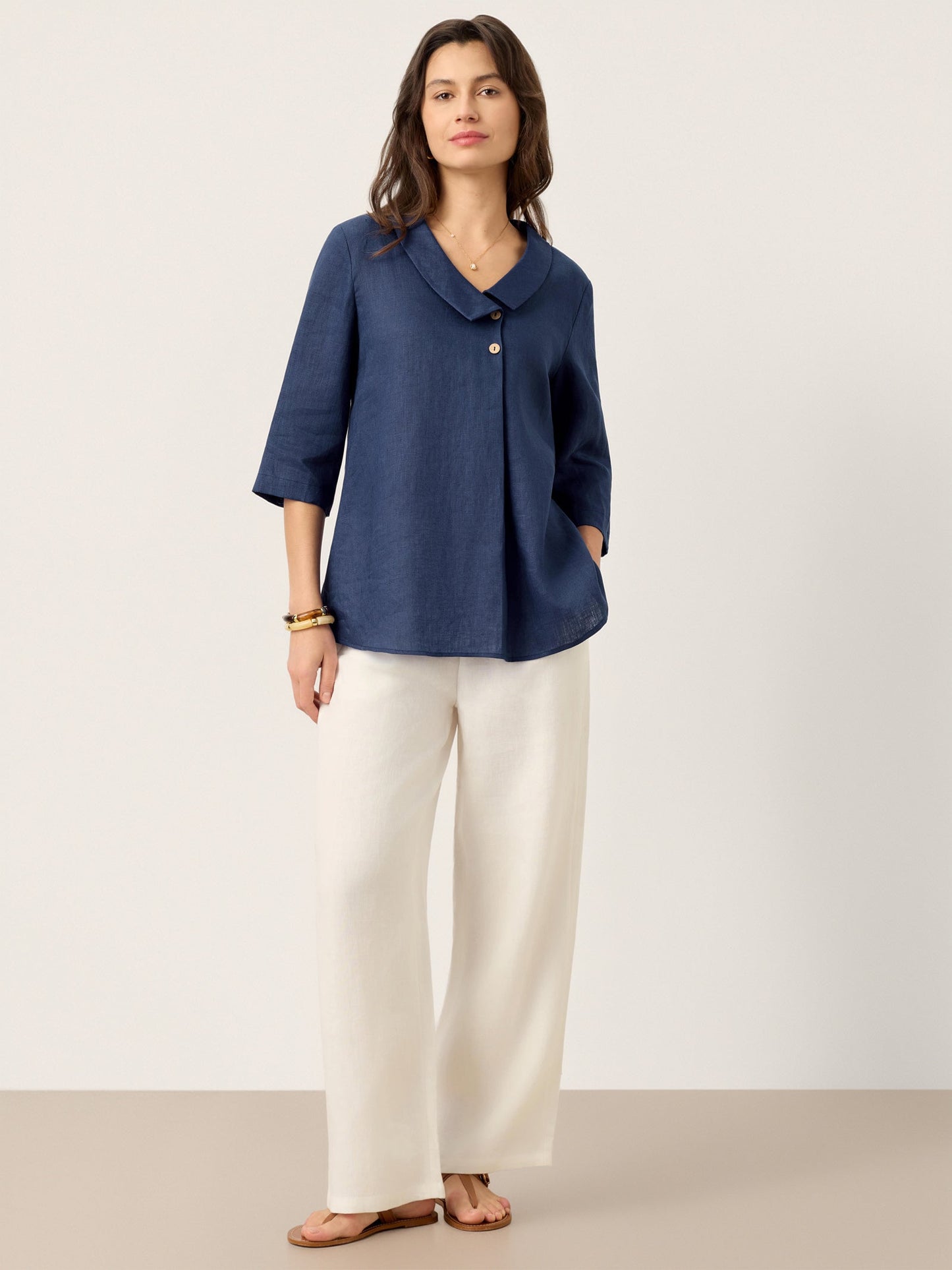100% Linen Asymmetric Collar Inverted Pleat Top – Ottilie