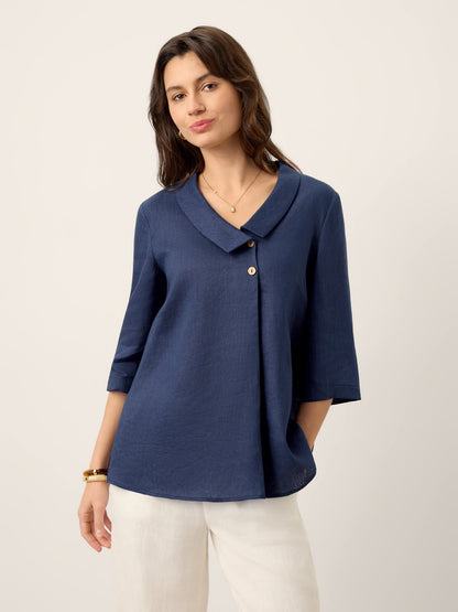 100% Linen Asymmetric Collar Inverted Pleat Top – Ottilie