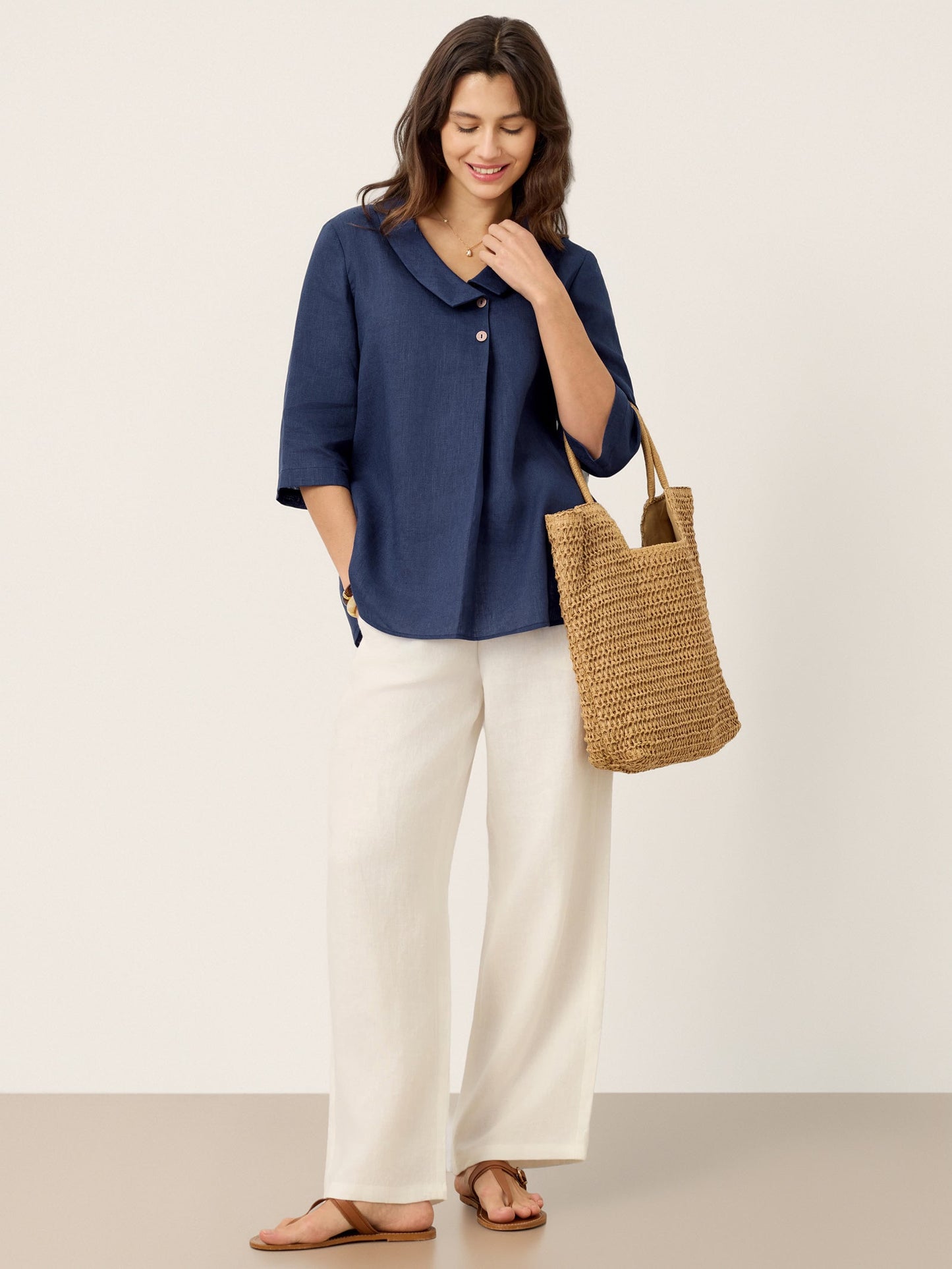 100% Linen Asymmetric Collar Inverted Pleat Top – Ottilie