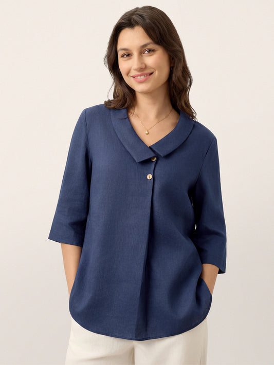100% Linen Asymmetric Collar Inverted Pleat Top – Ottilie