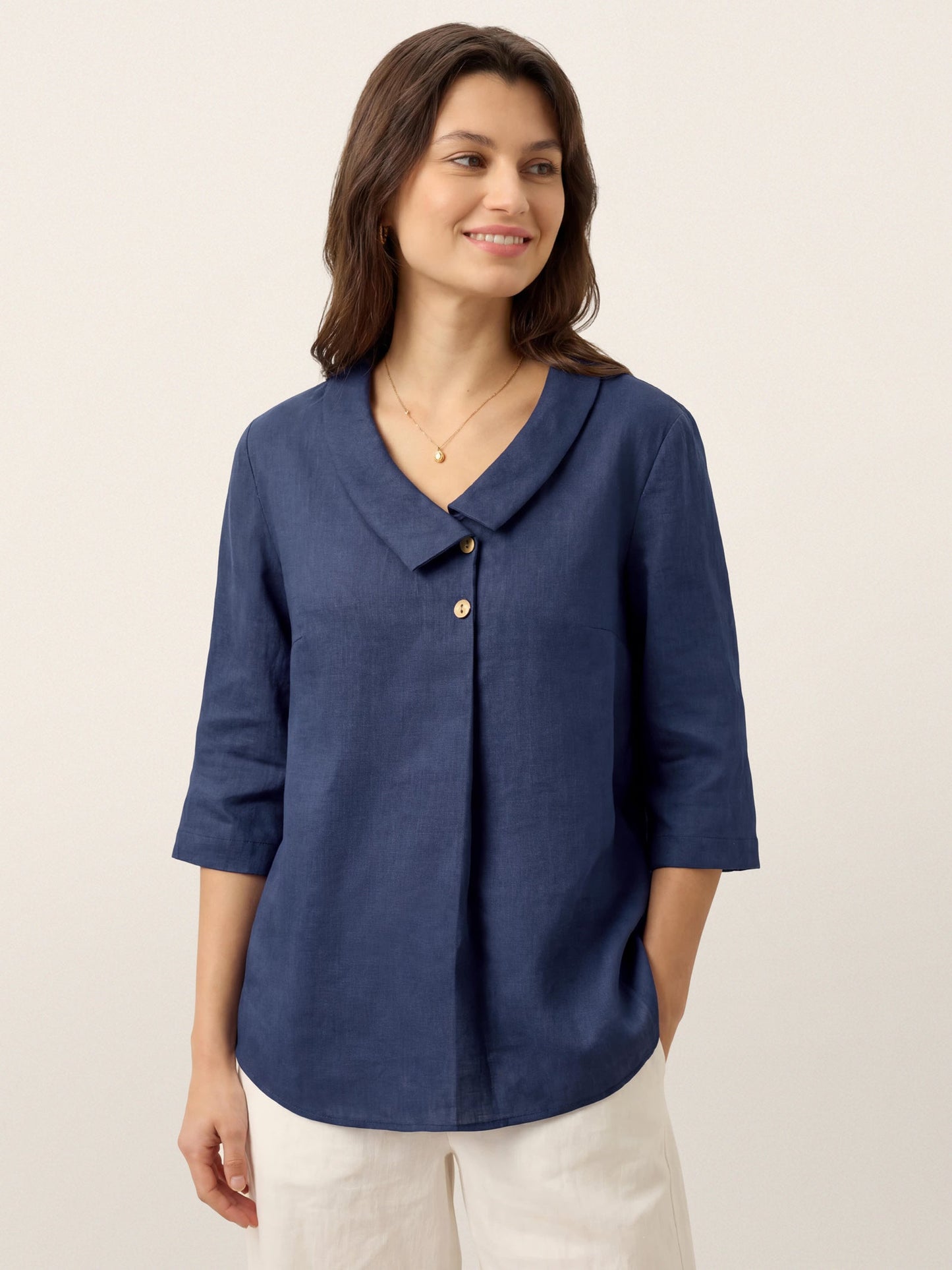 100% Linen Asymmetric Collar Inverted Pleat Top – Ottilie