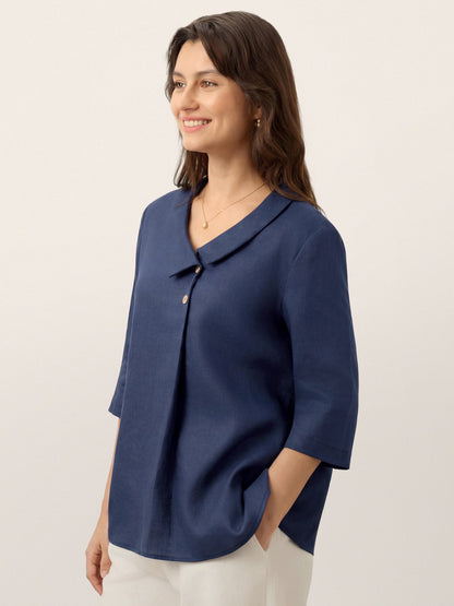 100% Linen Asymmetric Collar Inverted Pleat Top – Ottilie