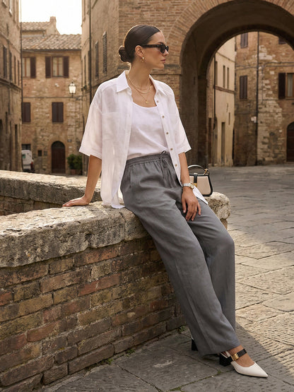 100% Linen Straight Leg Drawstring Pants – Lyon