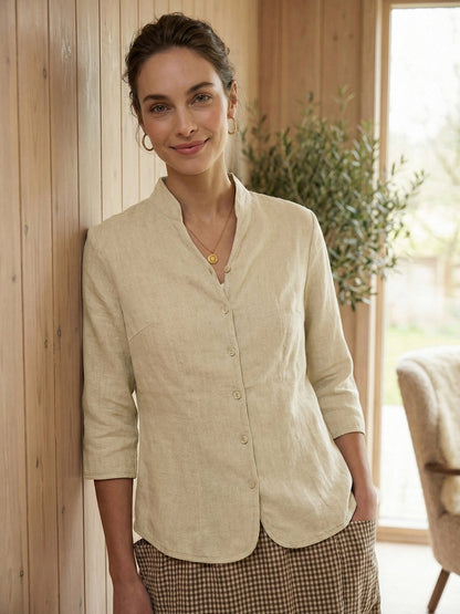 100% Linen Mandarin Collar Button Jacket – Amelia