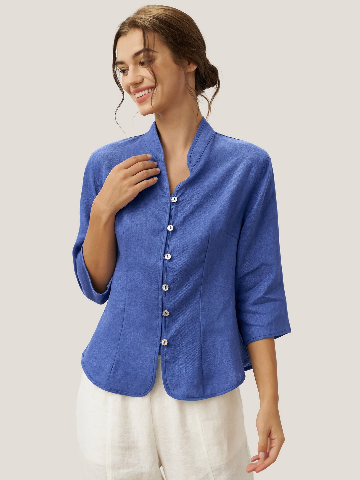 100% Linen Mandarin Collar Button Jacket – Amelia