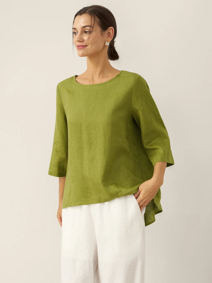 100% Linen Asymmetrical Hem Round Neck Top – Brianna