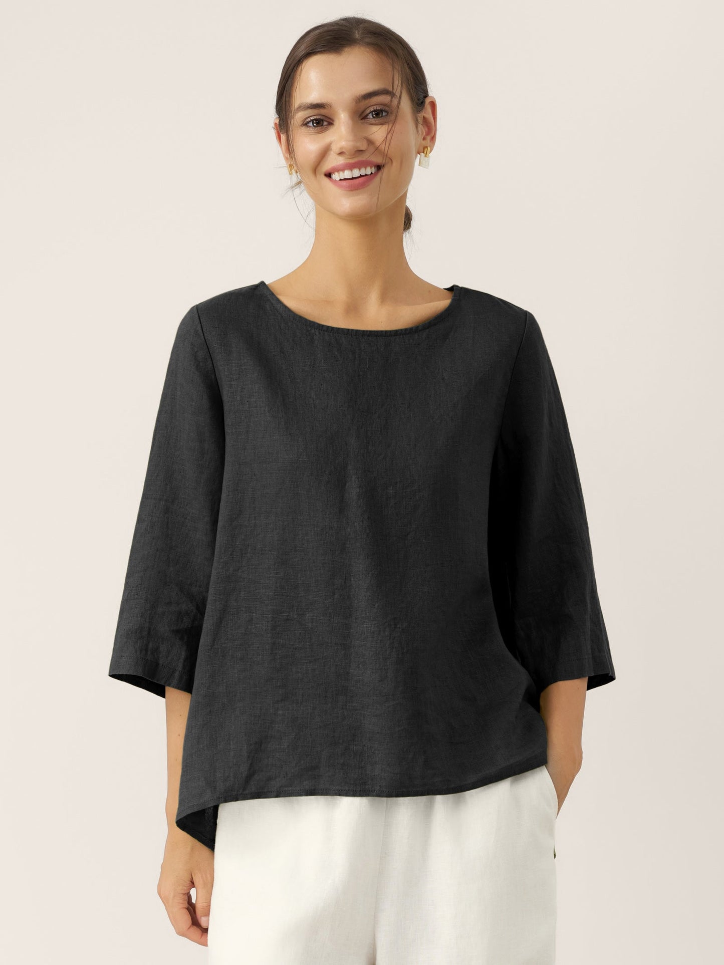 100% Linen Asymmetrical Hem Round Neck Top – Brianna