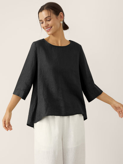 100% Linen Asymmetrical Hem Round Neck Top – Brianna