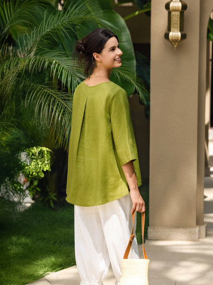 100% Linen Asymmetrical Hem Round Neck Top – Brianna