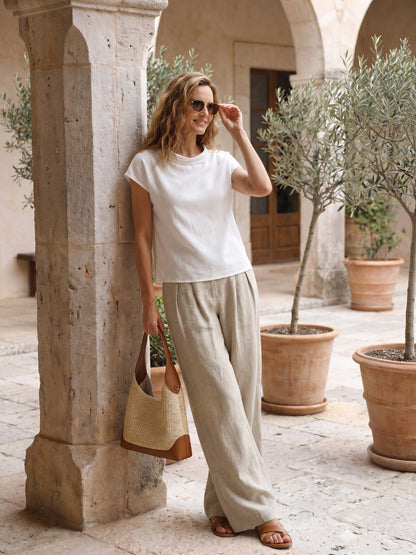 100% Linen Wide Leg Pleated Waist Pants – Louisa