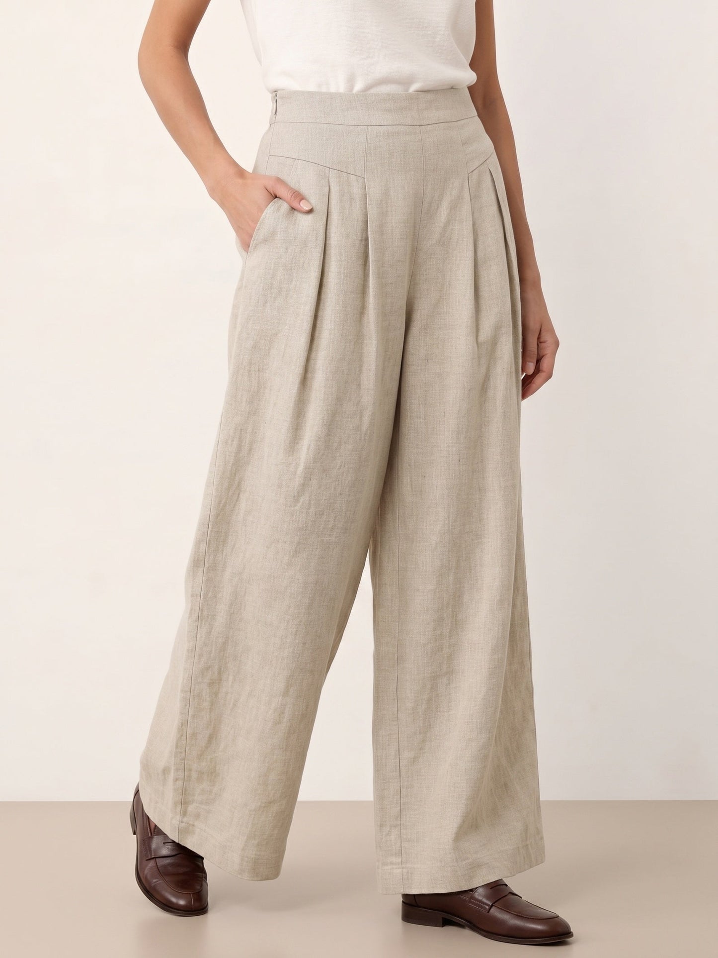 100% Linen Wide Leg Pleated Waist Pants – Louisa