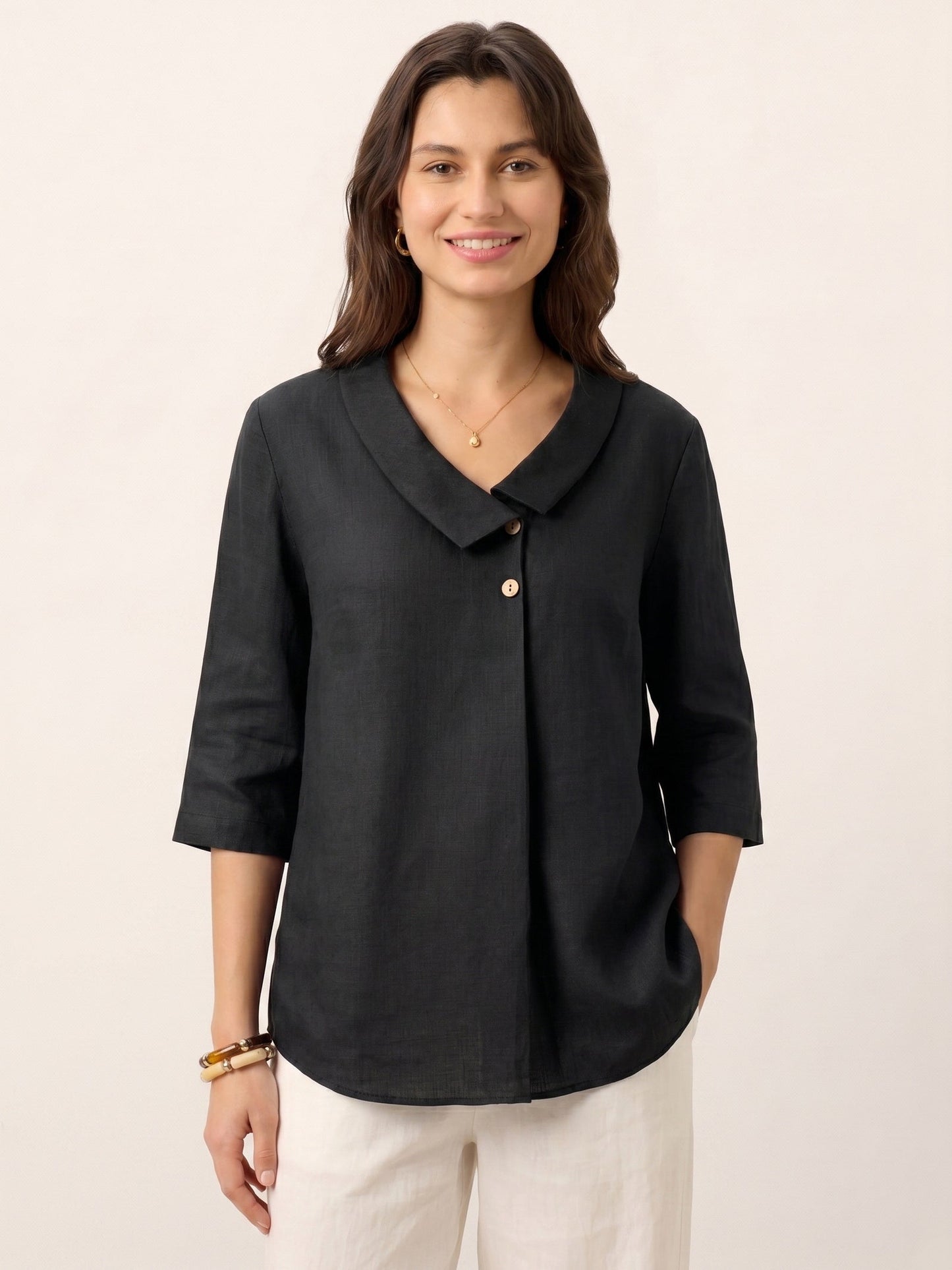 100% Linen Asymmetric Collar Inverted Pleat Top – Ottilie