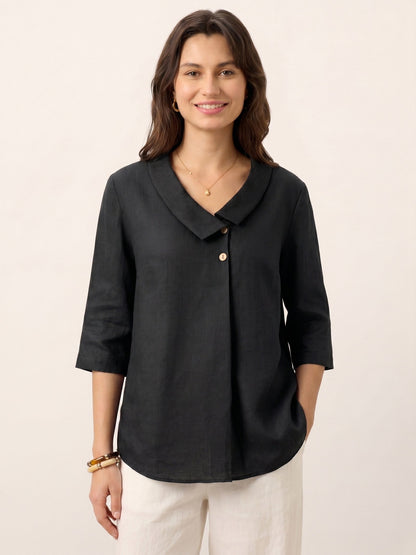 100% Linen Asymmetric Collar Inverted Pleat Top – Ottilie
