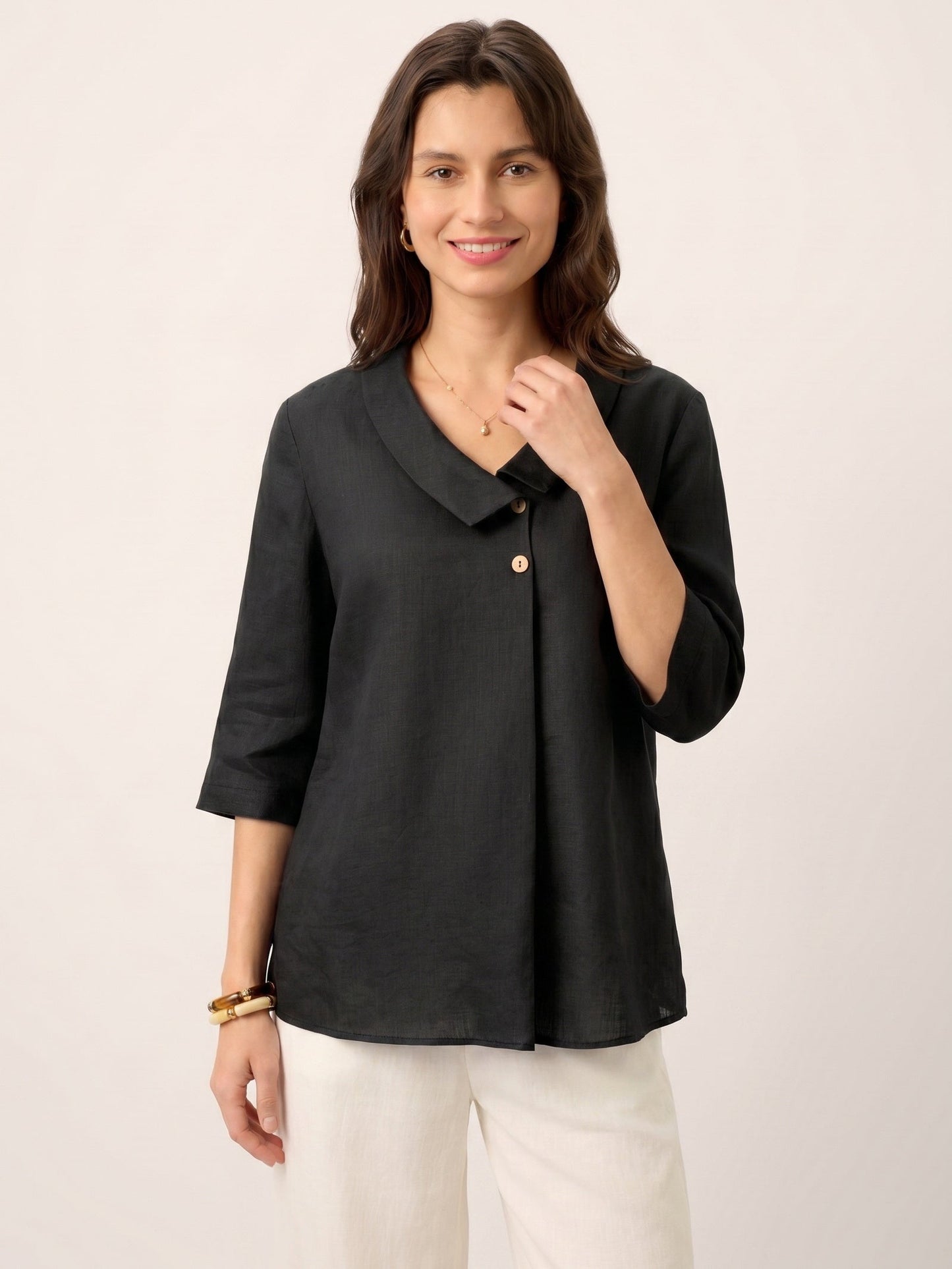 100% Linen Asymmetric Collar Inverted Pleat Top – Ottilie