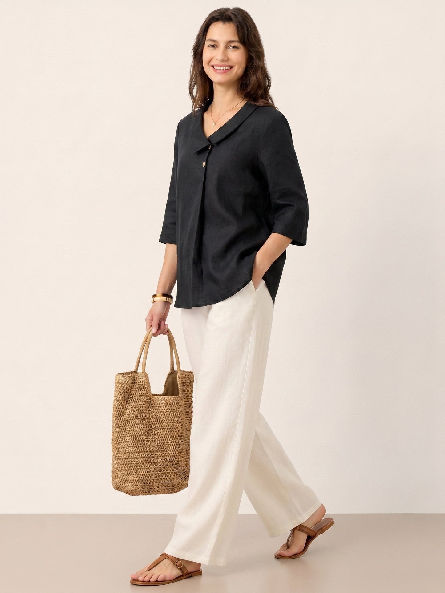 100% Linen Asymmetric Collar Inverted Pleat Top – Ottilie
