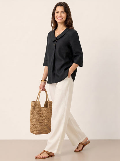 100% Linen Asymmetric Collar Inverted Pleat Top – Ottilie