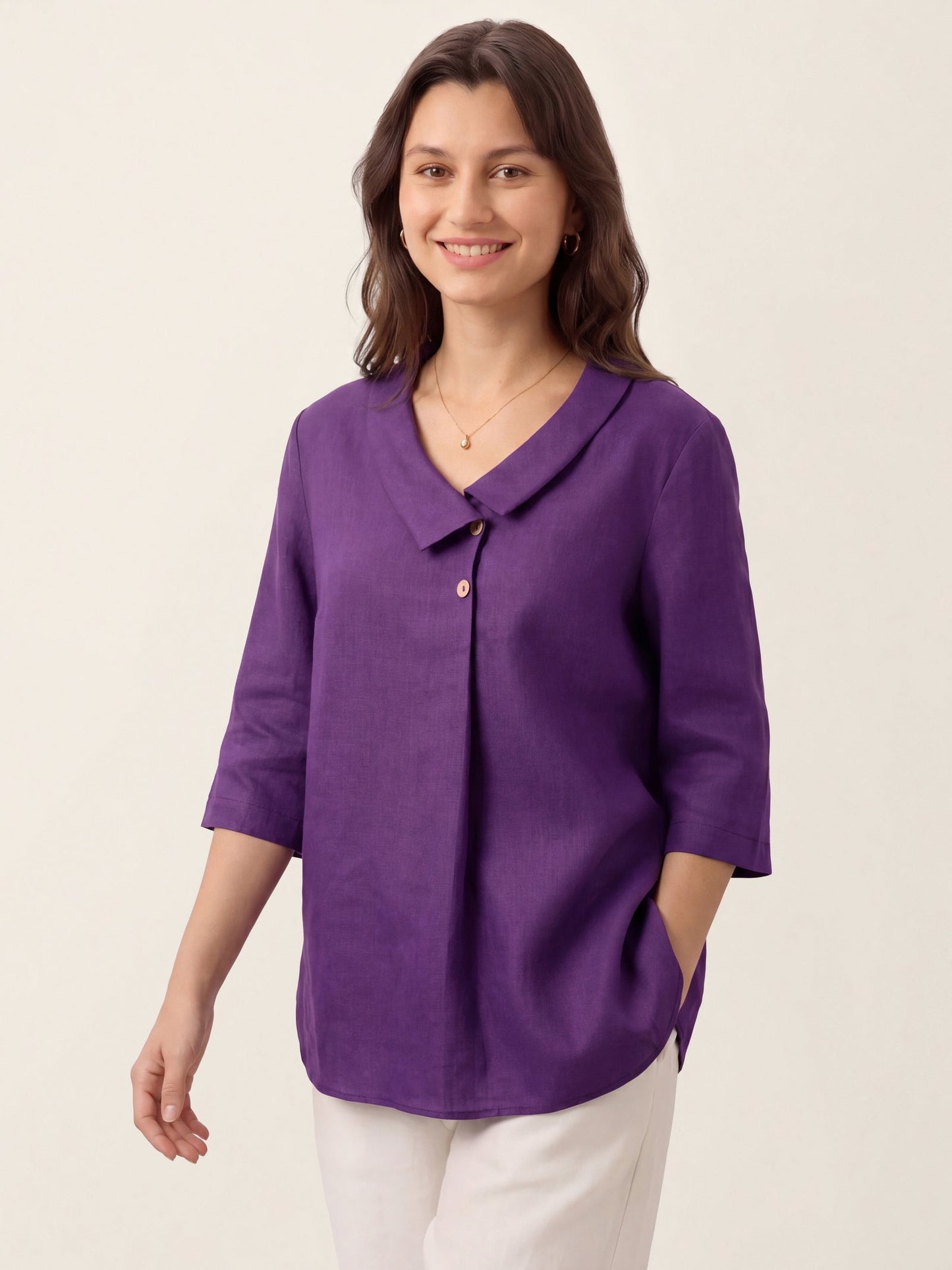 100% Linen Asymmetric Collar Inverted Pleat Top – Ottilie