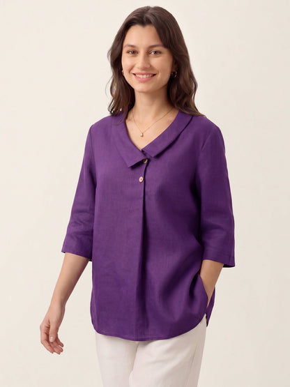 100% Linen Asymmetric Collar Inverted Pleat Top – Ottilie
