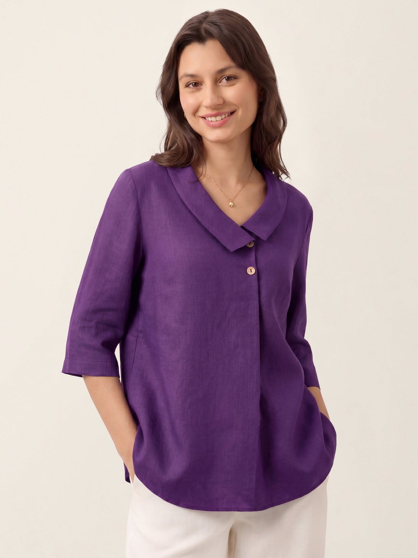 100% Linen Asymmetric Collar Inverted Pleat Top – Ottilie