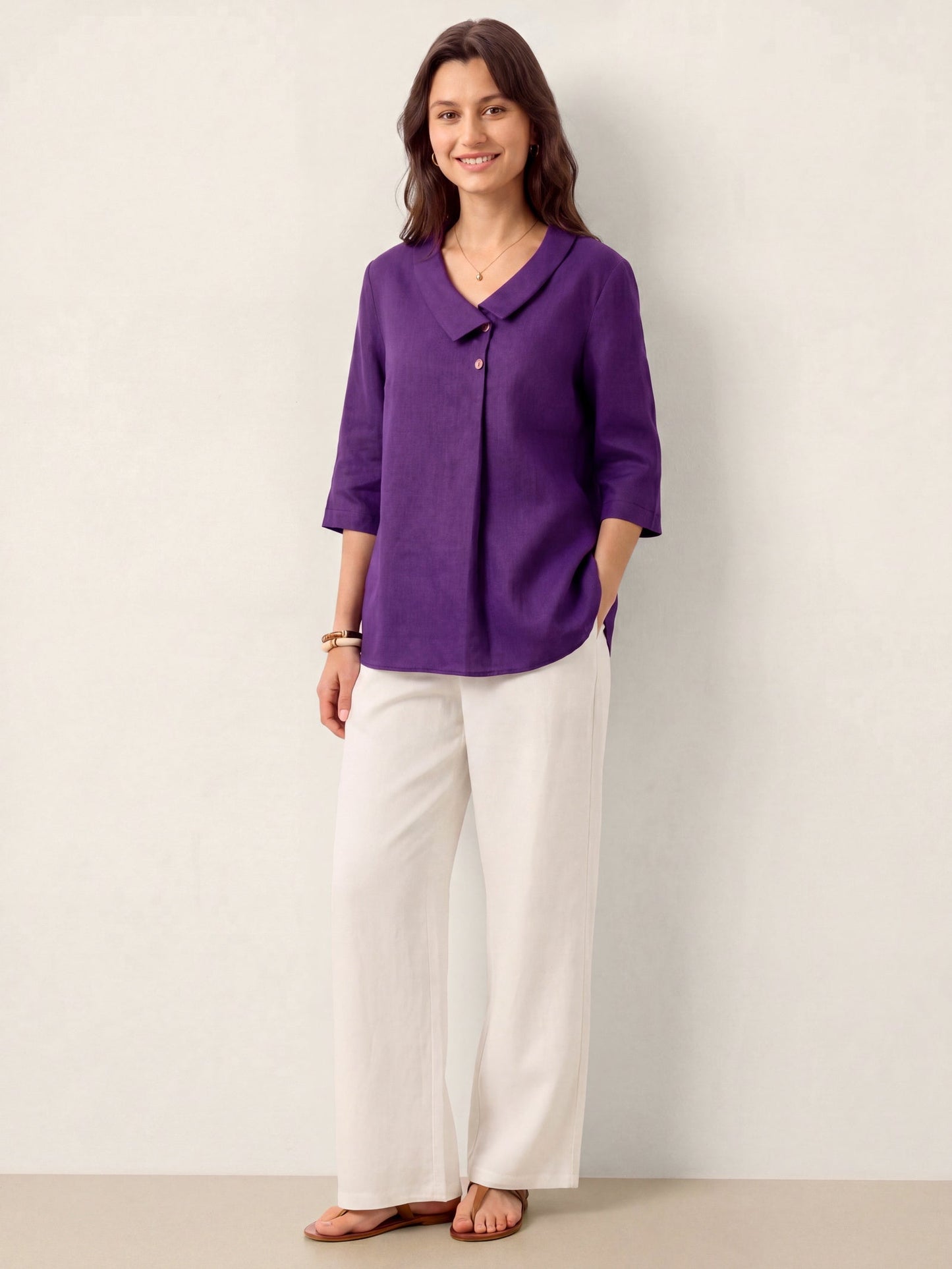 100% Linen Asymmetric Collar Inverted Pleat Top – Ottilie