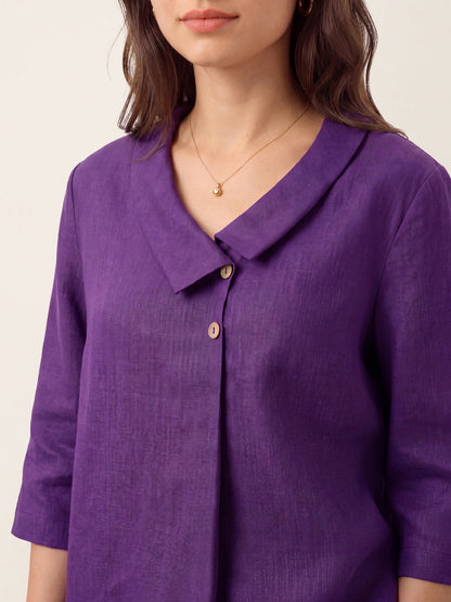 100% Linen Asymmetric Collar Inverted Pleat Top – Ottilie