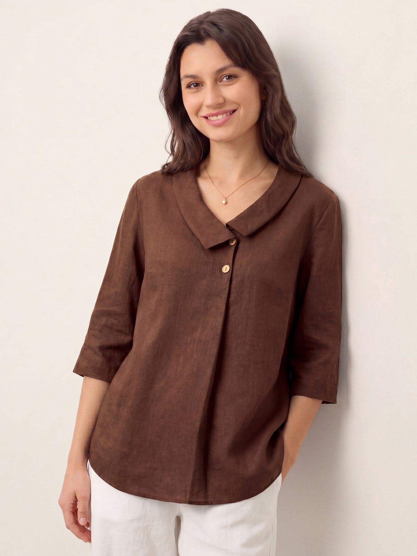 100% Linen Asymmetric Collar Inverted Pleat Top – Ottilie