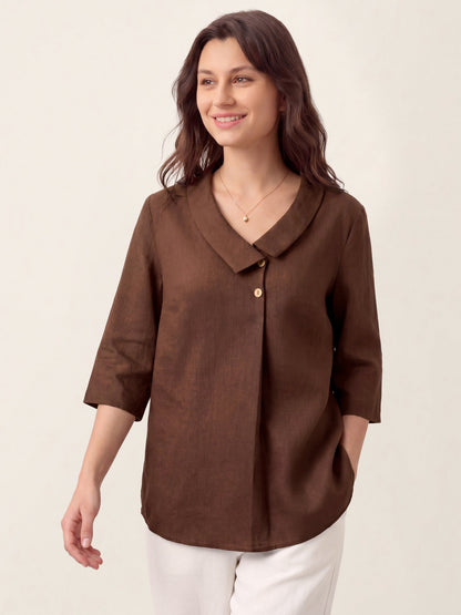 100% Linen Asymmetric Collar Inverted Pleat Top – Ottilie