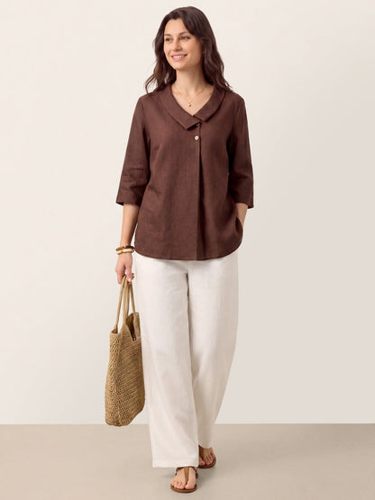 100% Linen Asymmetric Collar Inverted Pleat Top – Ottilie