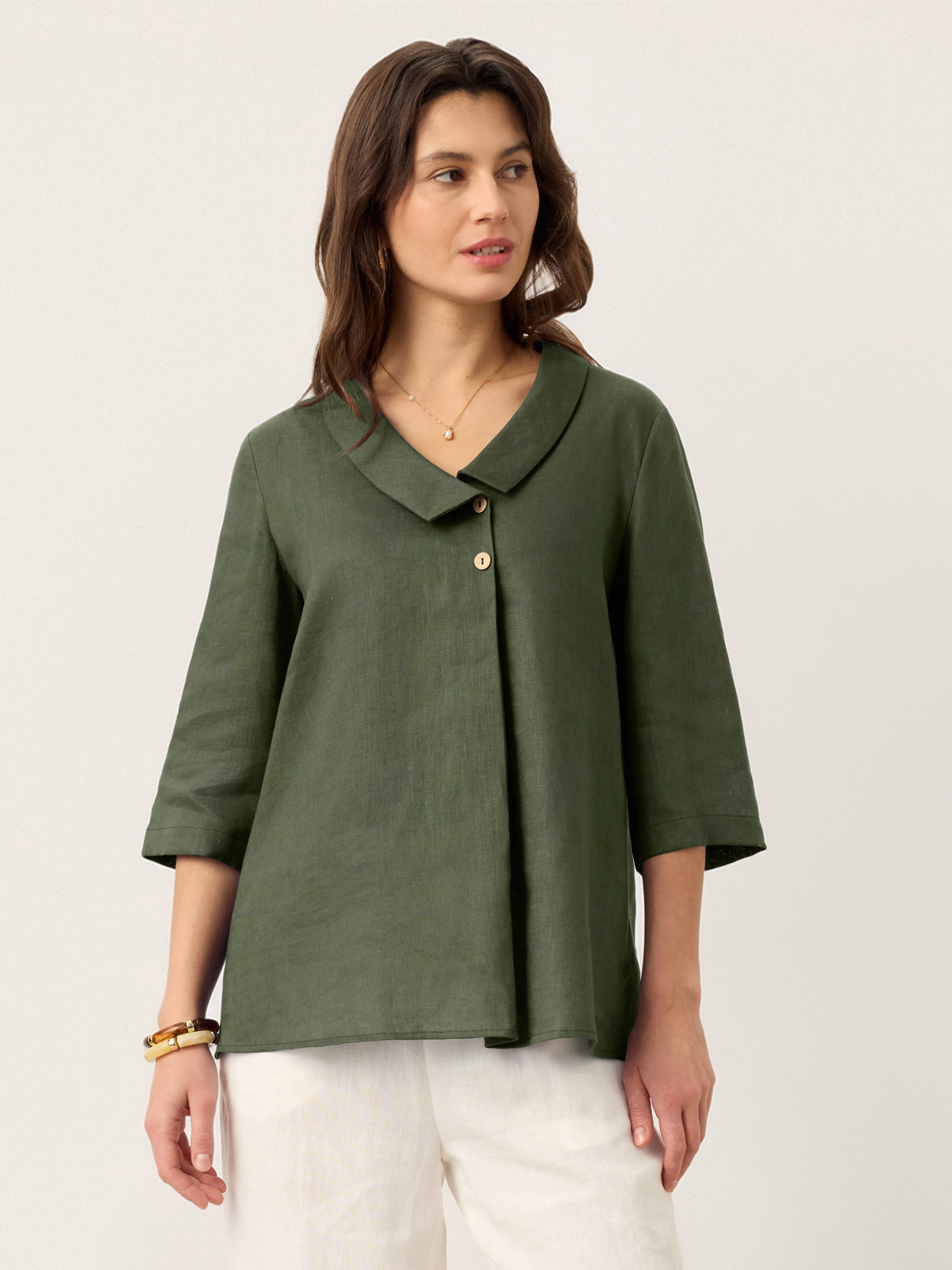 100% Linen Asymmetric Collar Inverted Pleat Top – Ottilie
