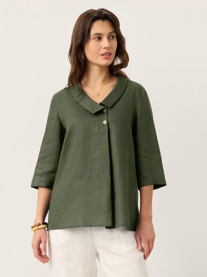 100% Linen Asymmetric Collar Inverted Pleat Top – Ottilie