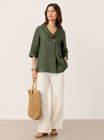 100% Linen Asymmetric Collar Inverted Pleat Top – Ottilie