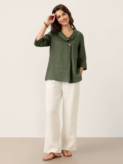 100% Linen Asymmetric Collar Inverted Pleat Top – Ottilie