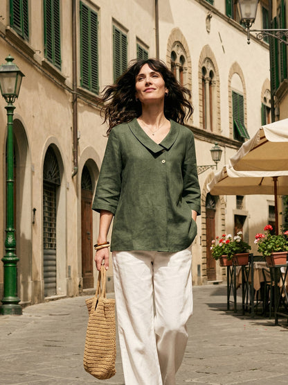 100% Linen Asymmetric Collar Inverted Pleat Top – Ottilie