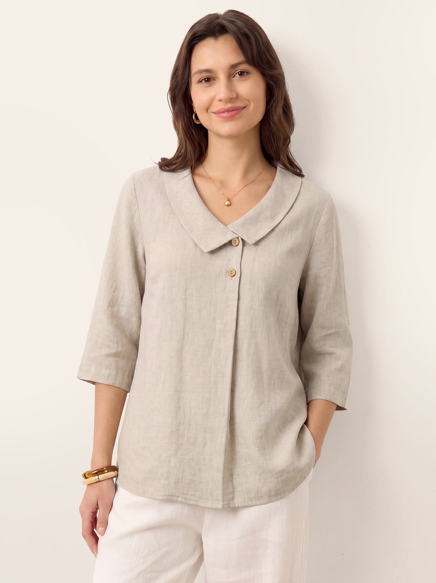 100% Linen Asymmetric Collar Inverted Pleat Top – Ottilie