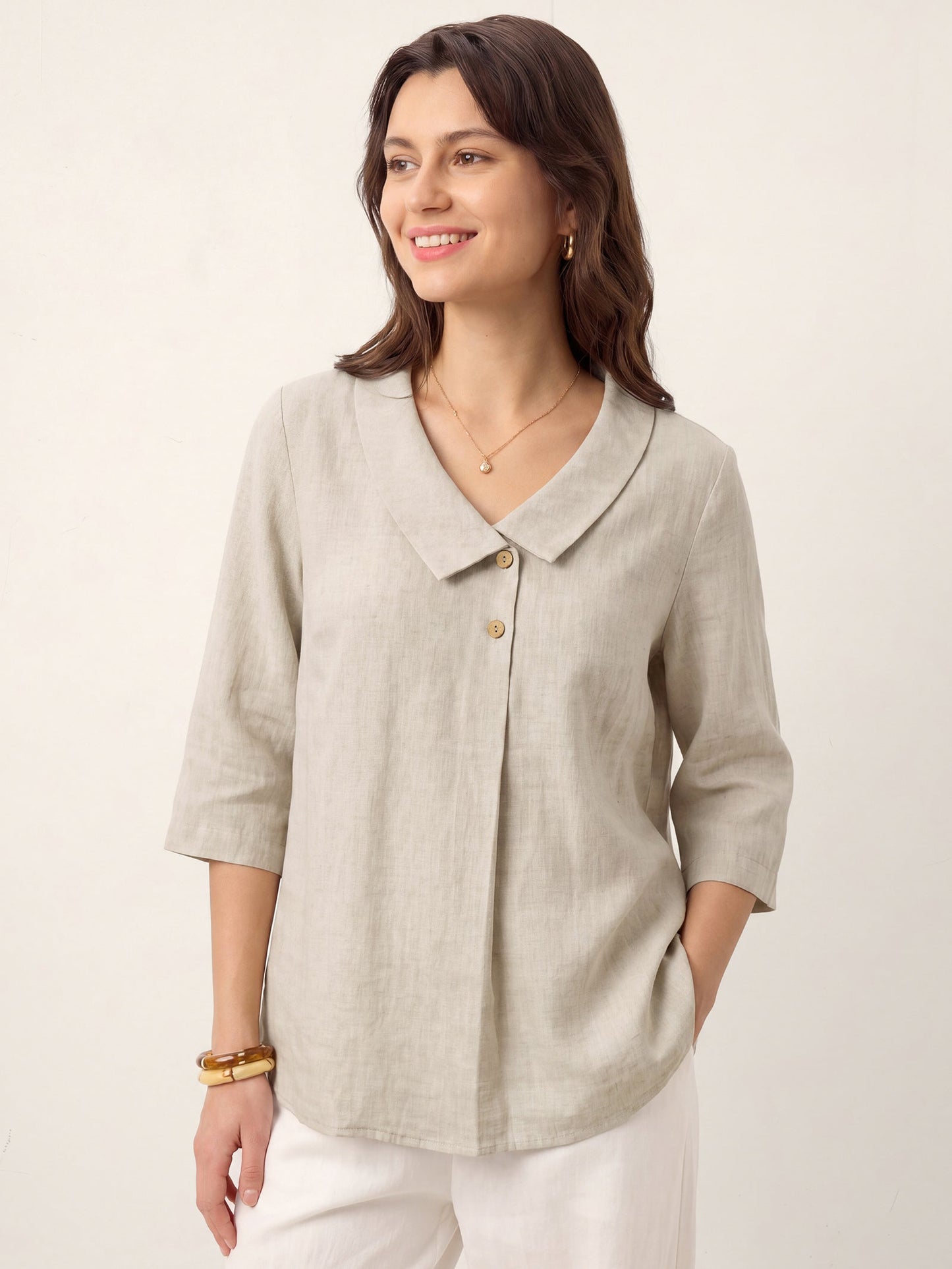 100% Linen Asymmetric Collar Inverted Pleat Top – Ottilie