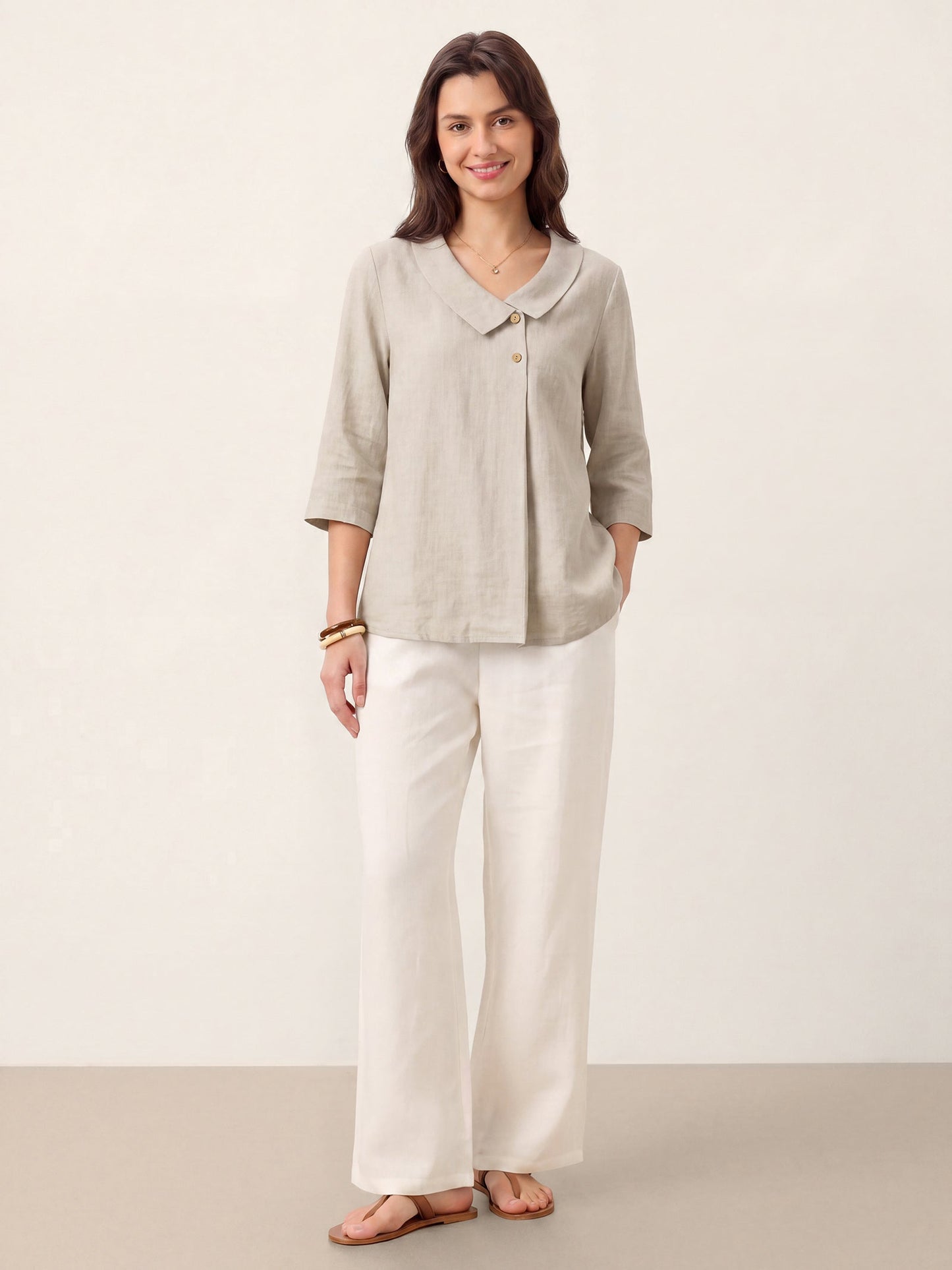 100% Linen Asymmetric Collar Inverted Pleat Top – Ottilie