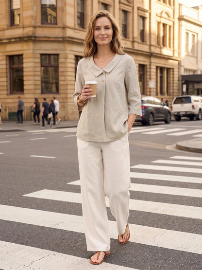 100% Linen Asymmetric Collar Inverted Pleat Top – Ottilie