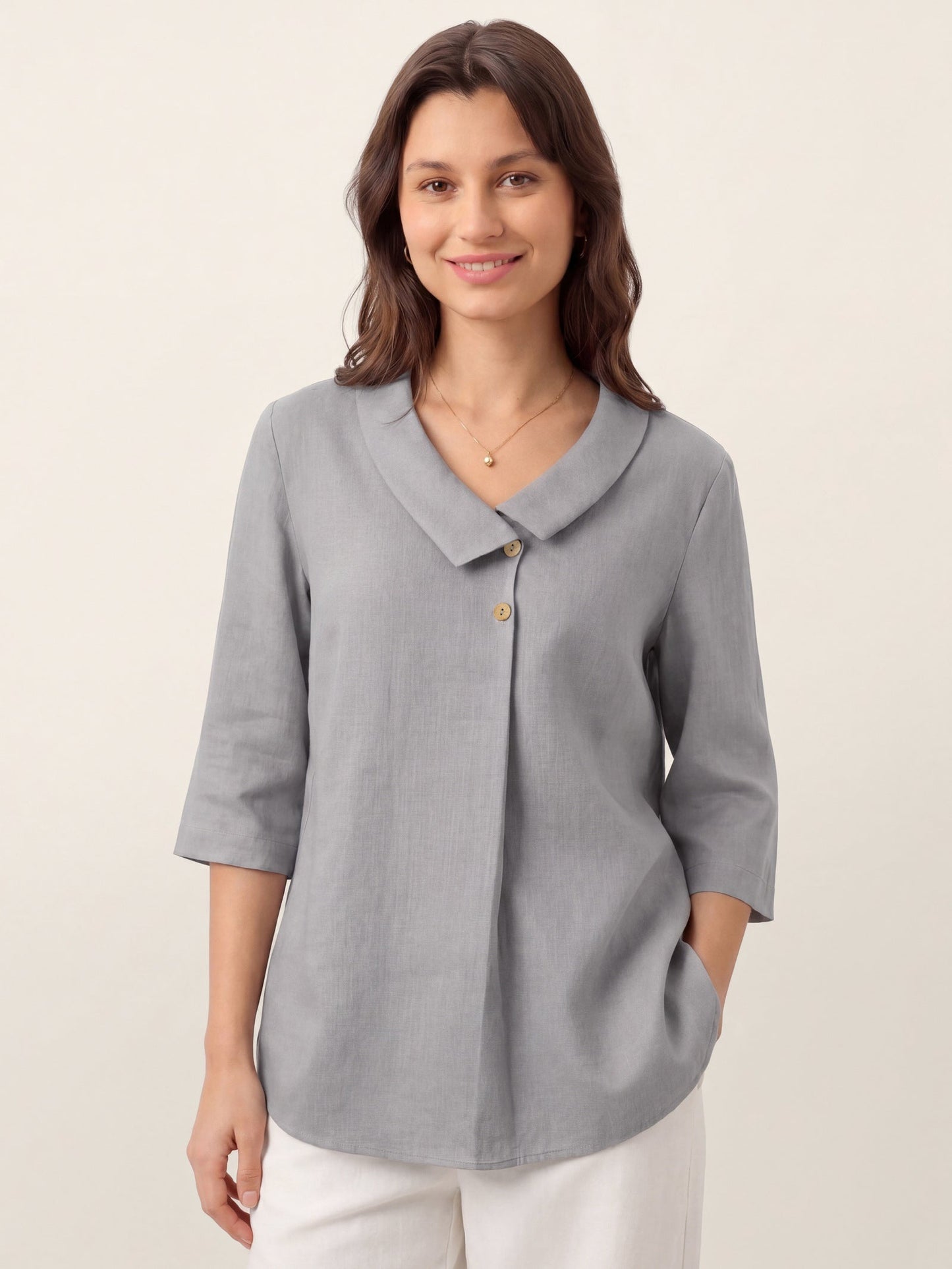 100% Linen Asymmetric Collar Inverted Pleat Top – Ottilie