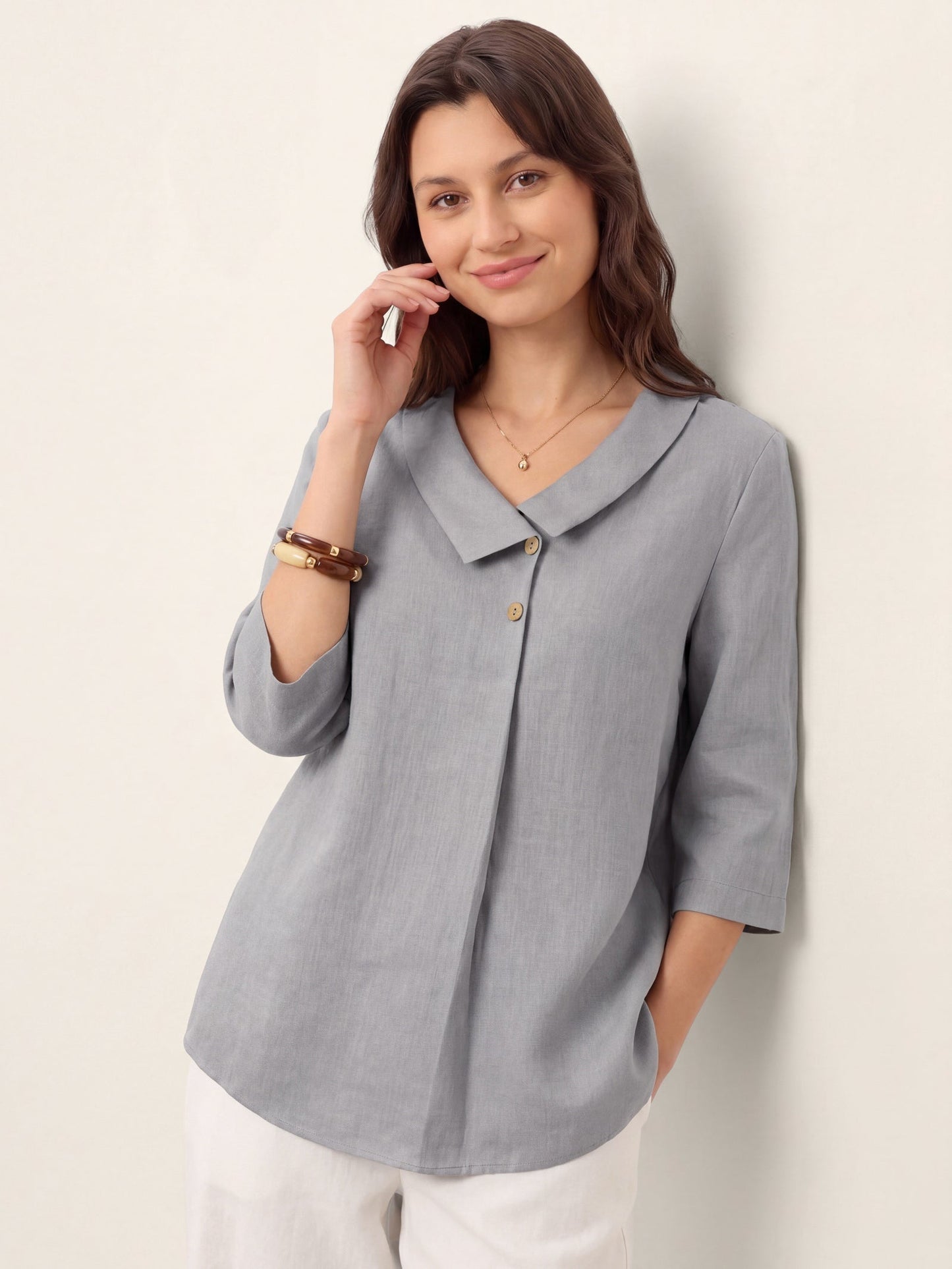 100% Linen Asymmetric Collar Inverted Pleat Top – Ottilie