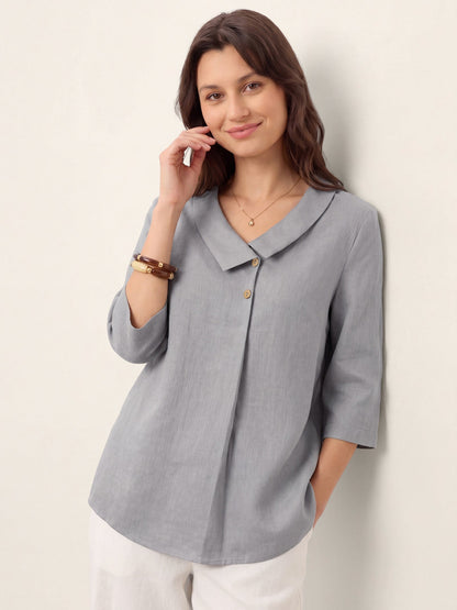 100% Linen Asymmetric Collar Inverted Pleat Top – Ottilie