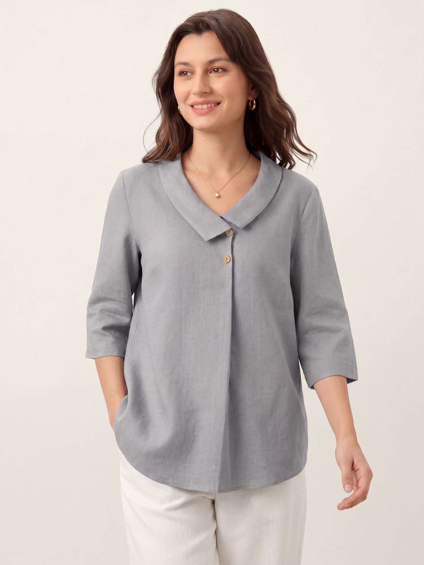 100% Linen Asymmetric Collar Inverted Pleat Top – Ottilie