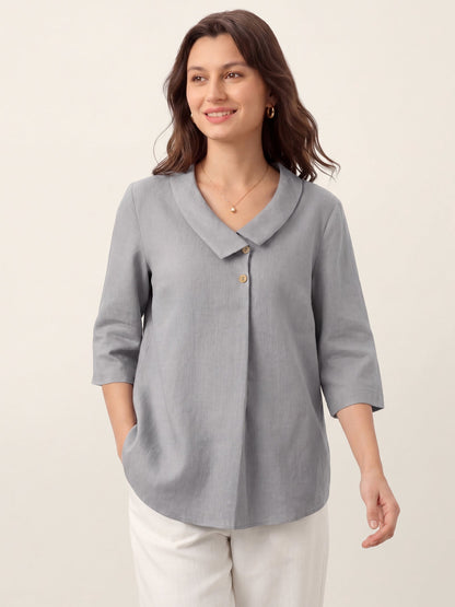 100% Linen Asymmetric Collar Inverted Pleat Top – Ottilie